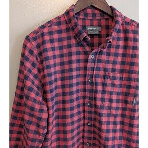 Eddie Bauer Mens Large Red Black Plaid Flannel Shirt Button Up Buffalo Check LS